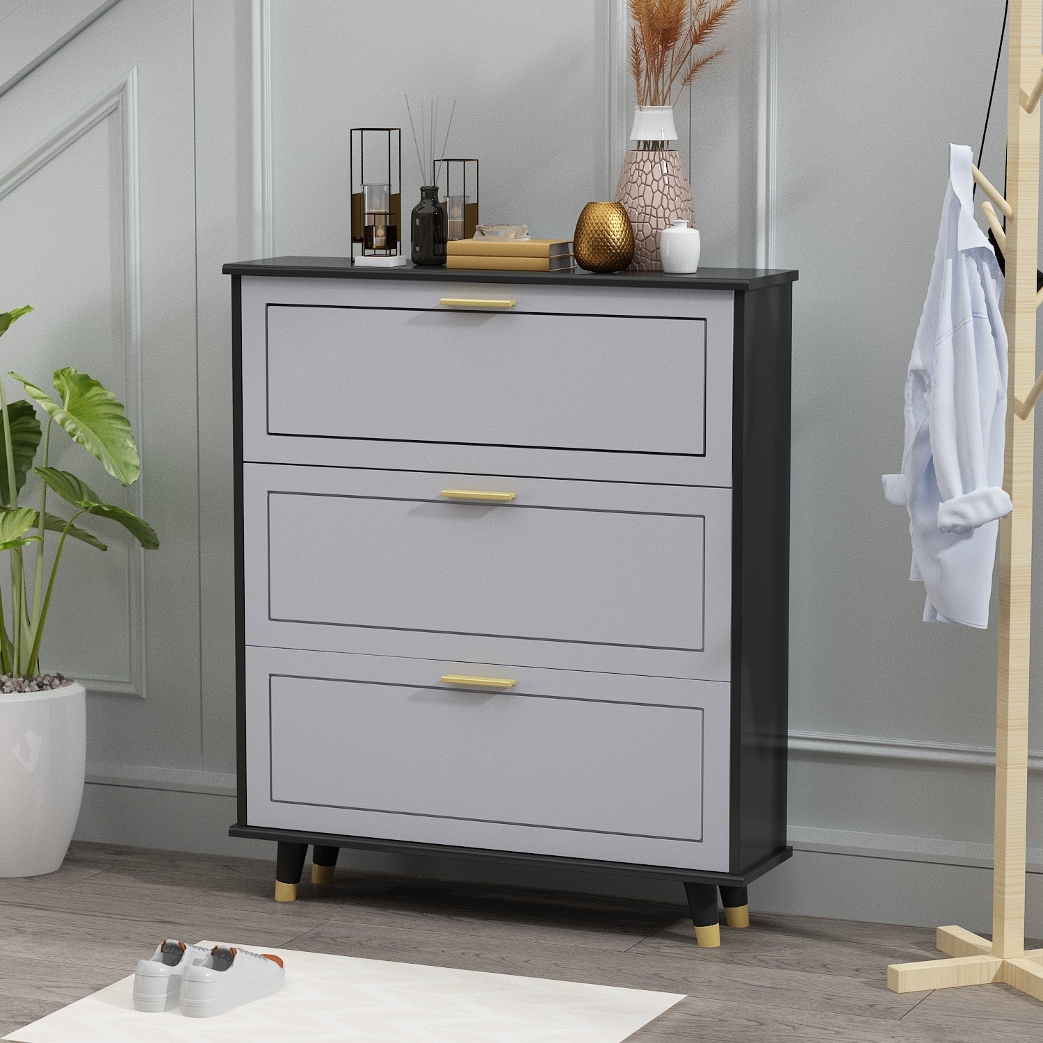 FAMAPY 35-inch Entryway Shoe Cabinet with 3 Drawers， Grey Black - - 35475332 - Mycitystee