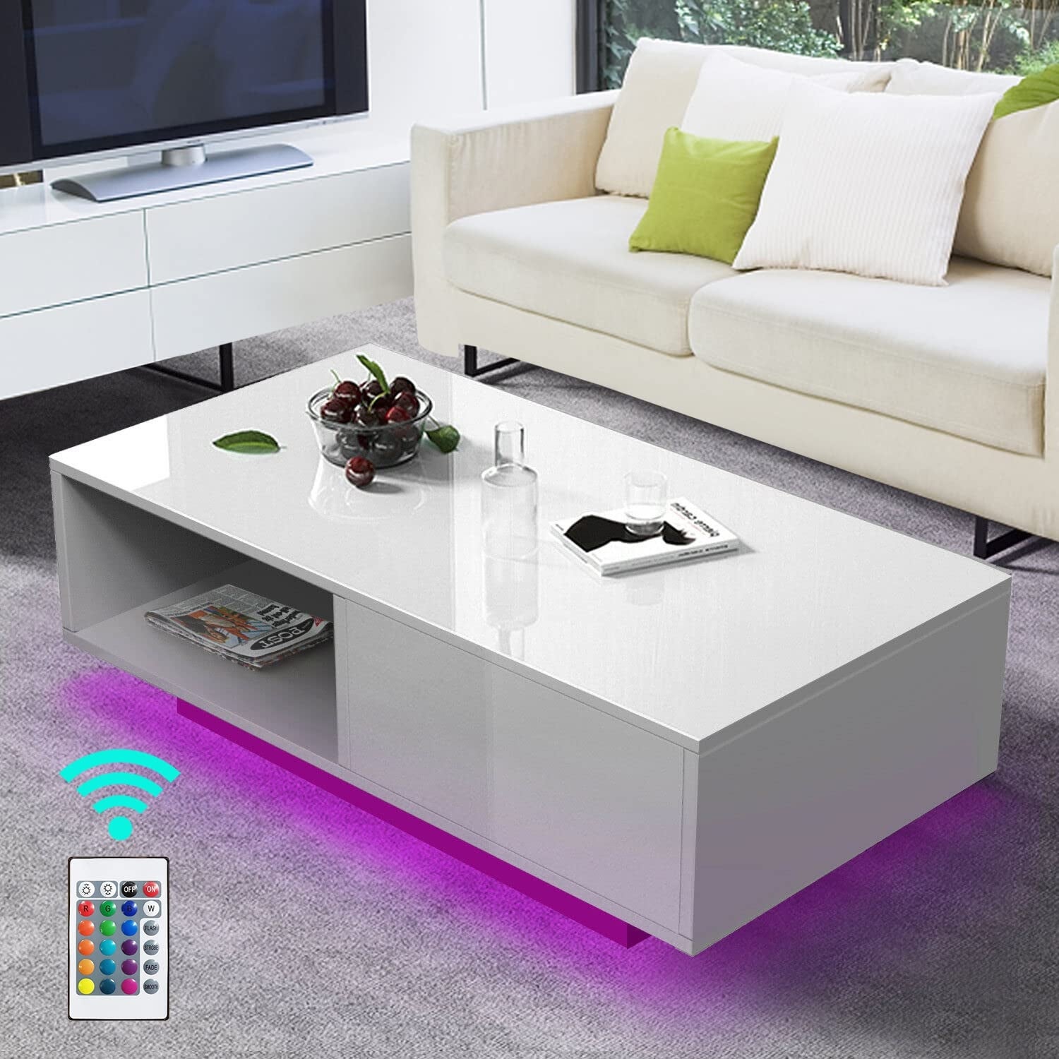 High Gloss Coffee Table with 16 Colors LED Lights， Living Room Side Table， Modern Sofa Table - as picture - Mycitystee