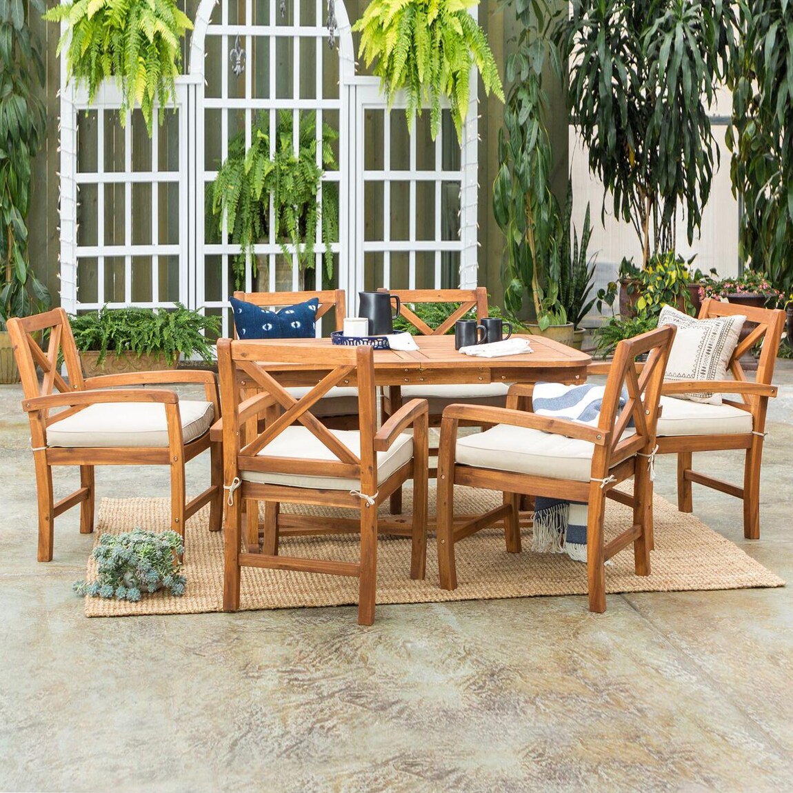 Ultimate Patio Camille Way 7 Piece Acacia Patio Dining Set W/ 55 X 35 Inch Extension Table and Natural Cushions - Mycitystee