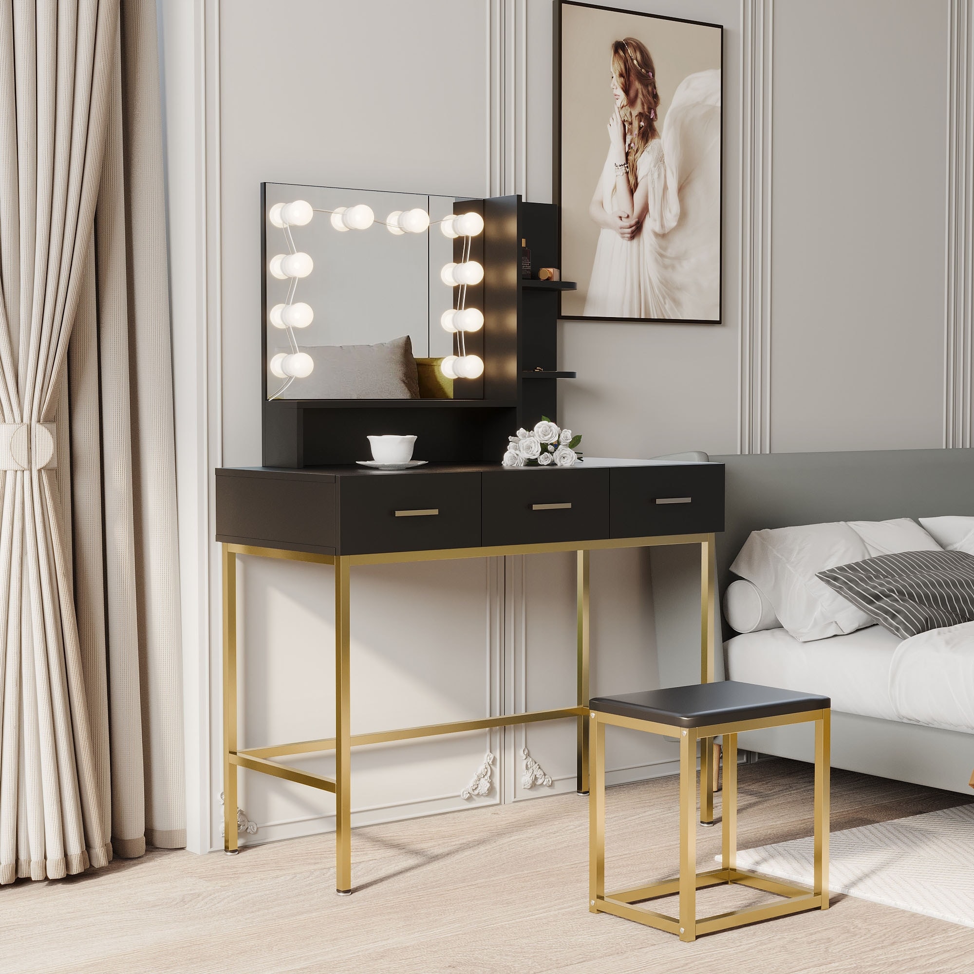Modern Dresser，Vanity with Metal Frame，10 LED Lights Adjustable Brightness - - 37279083 - Mycitystee