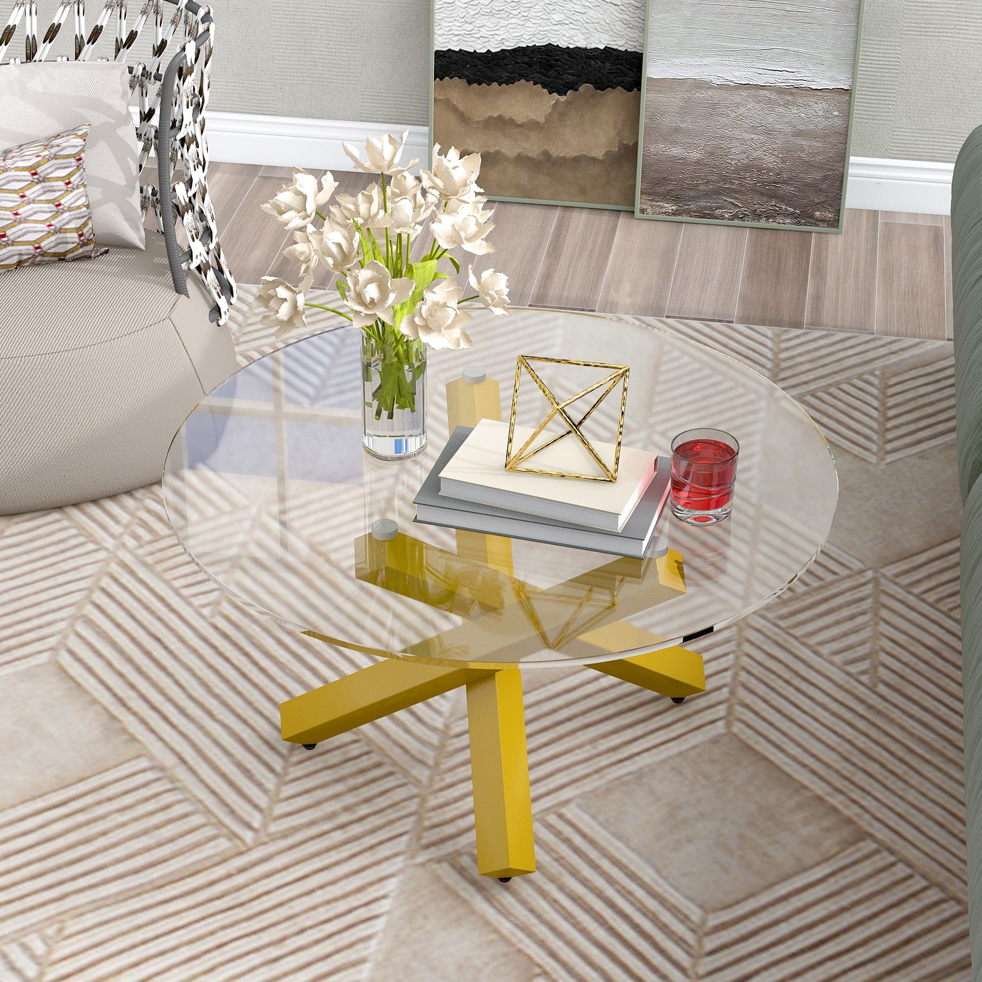 3 legs Simple and Modern Style Coffee Table with Tempered Glass Tabletop and Steel Pipes with Adjustable Plastic Pads - Mycitystee