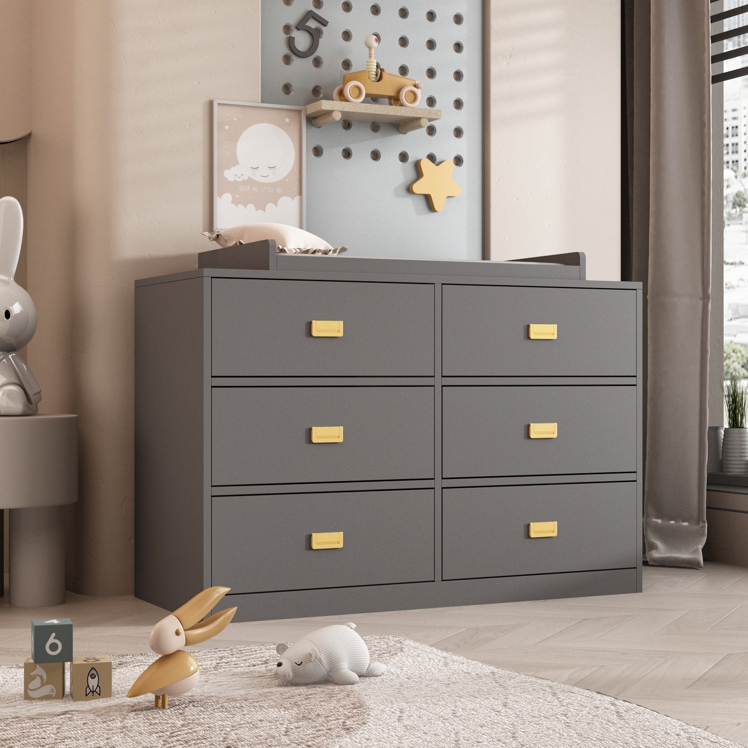 Dresser 6 Drawers With Baby Changing Table In White/Grey Golden Handle - - 35681971 - Mycitystee
