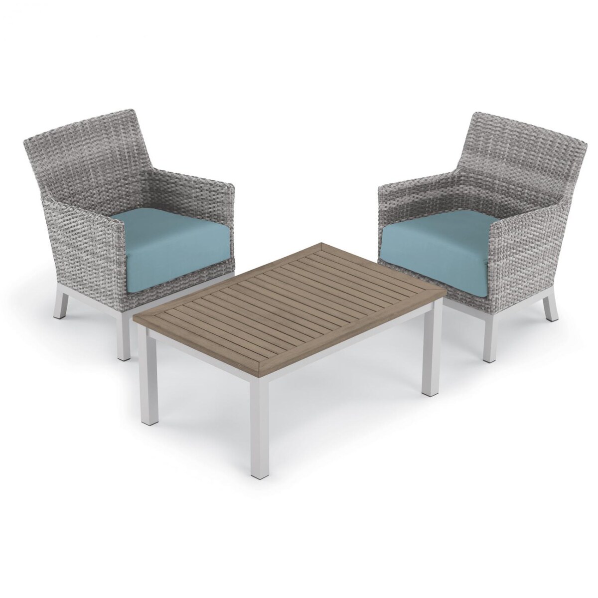 Argento 3 Piece Wicker Patio Conversation Set W/ Tekwood Vintage Coffee Table and Ice Blue Cushions By Oxford Garden - Mycitystee