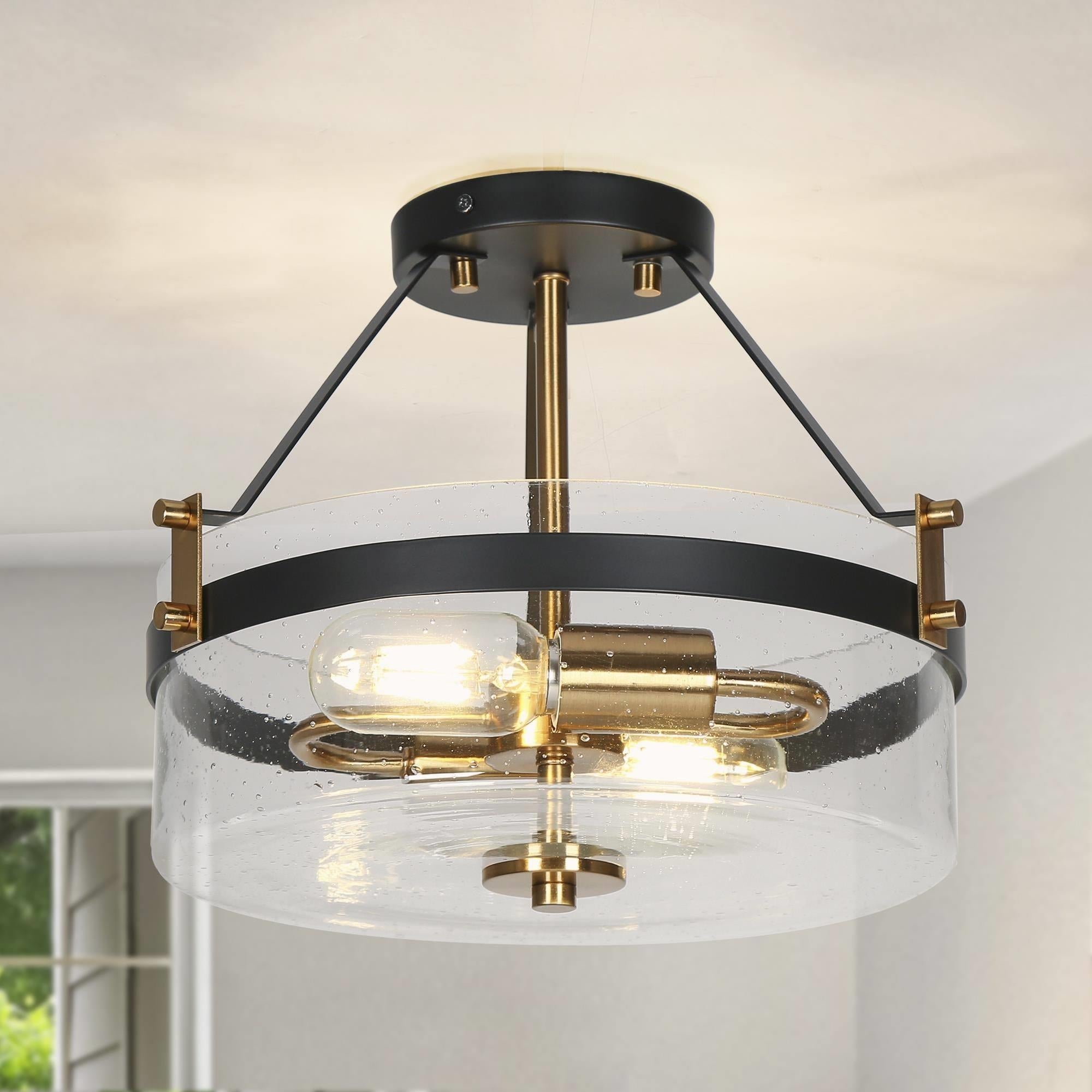 Coria Modern Farmhouse Drum Glass Semi-flush Mount Ceiling Lights Foyer Lighting for Entryway， Hallway - D12'' * H10'' - Mycitystee