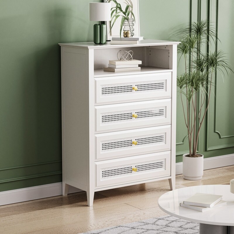 Retro Style Chest of Drawers with Rattan Panels， 4 Drawer Dresser - - 38046120 - Mycitystee