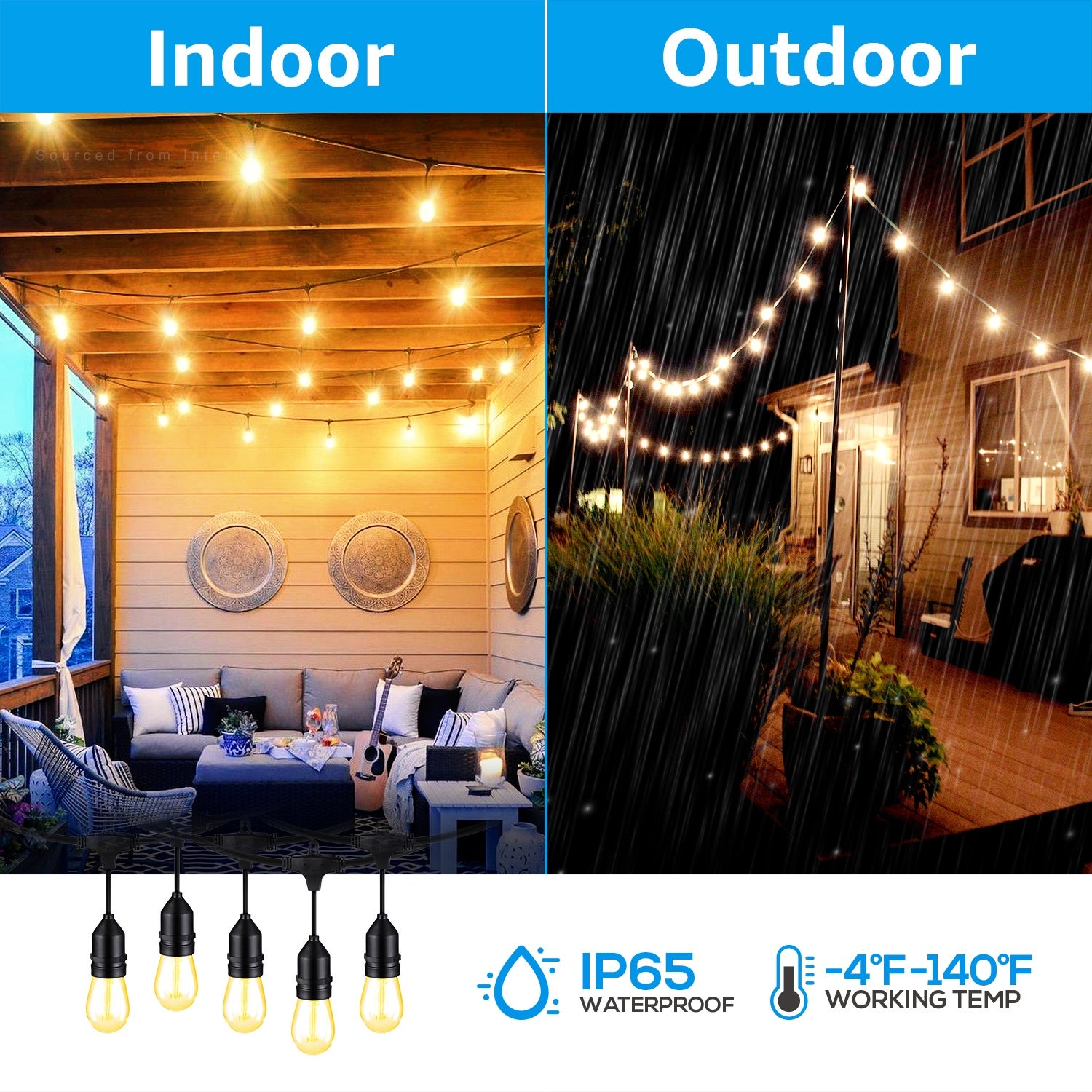 96ft LED Outdoor String Lights， 30+2 Vintage Filament Bulbs - Mycitystee
