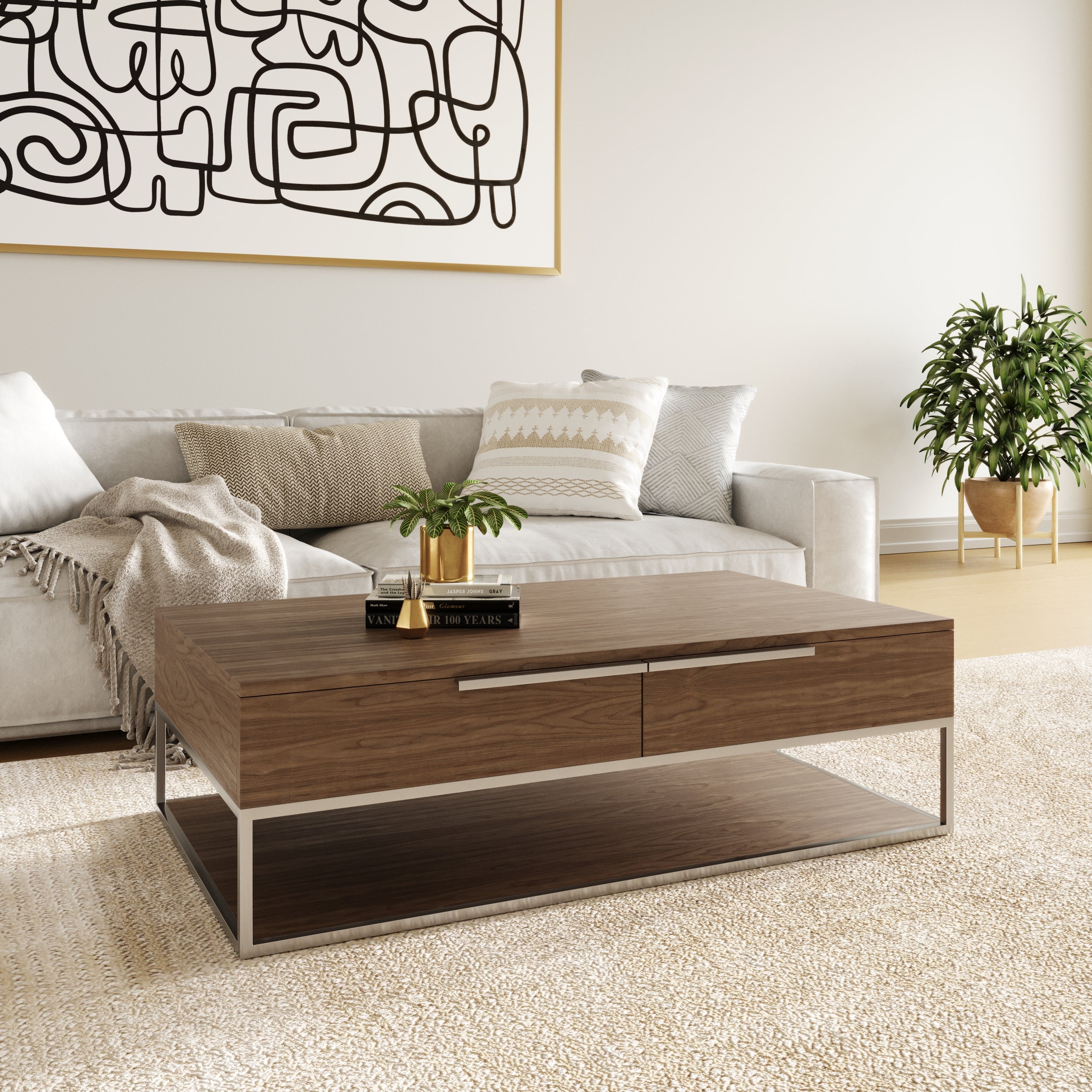 Modrest Heloise Modern Walnut and Stainless Steel Coffee Table - Mycitystee