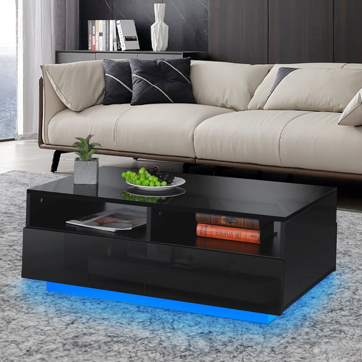 Rectangular High Gloss Coffee Table Modern LED Coffee Table for Living Room， White - Mycitystee
