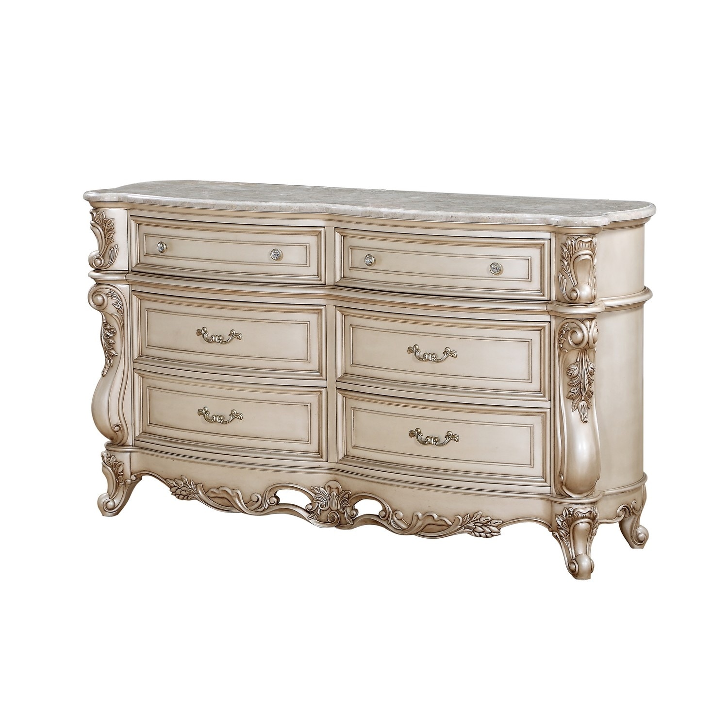 Carved Wooden Dresser with 6 Storage Drawers and Marble Top， Antique White - - 31491740 - Mycitystee