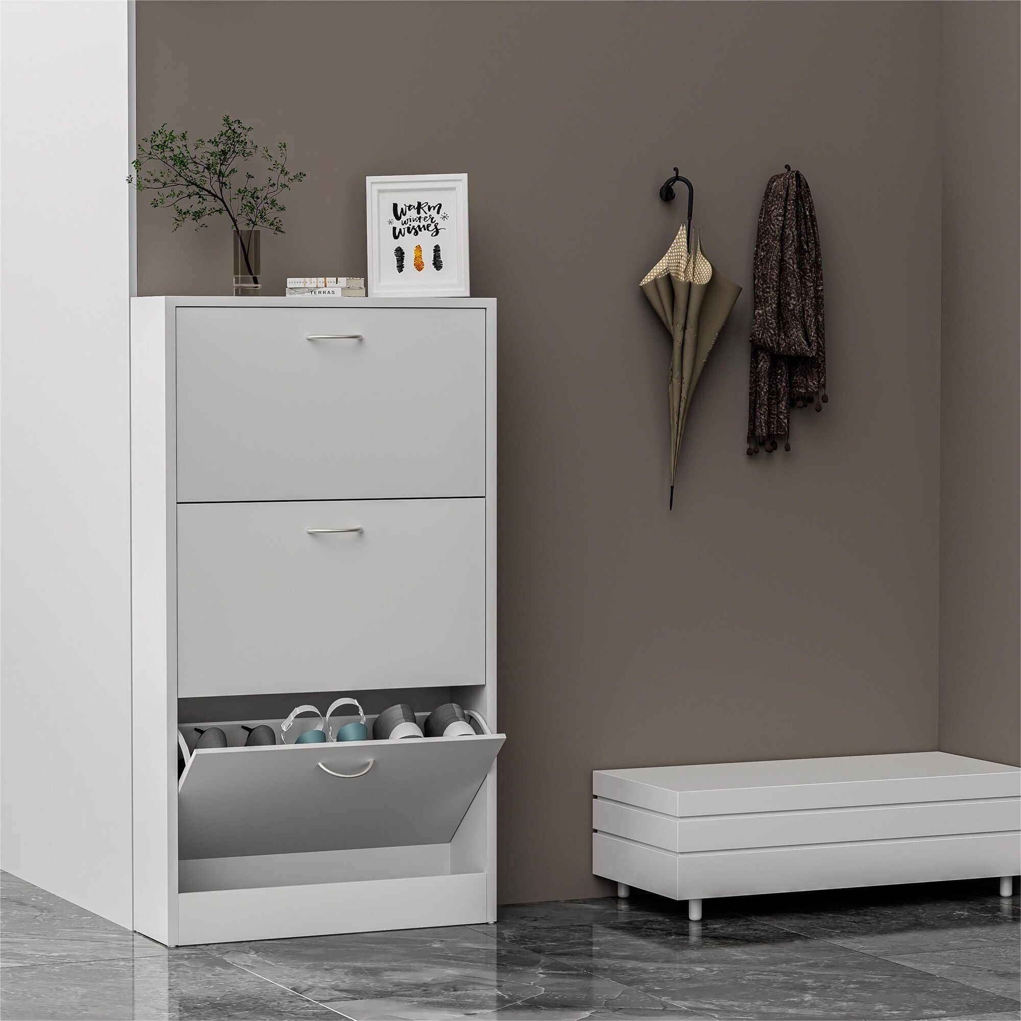 Modern Simple Large 3 Drawers White Shoe Cabinet for Living Room - - 36253097 - Mycitystee
