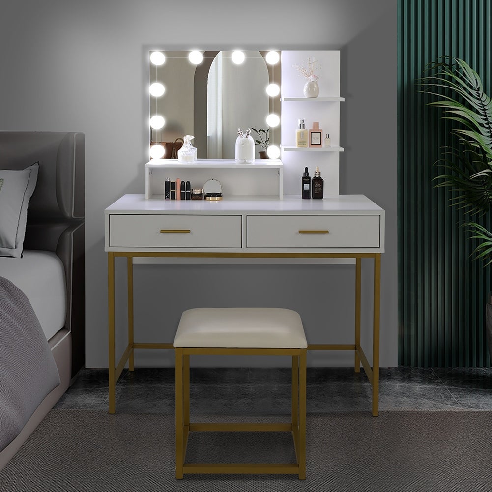 Large Vanity Set with 10 LED Bulbs， Makeup Table with Cushioned Stool - - 35761988 - Mycitystee