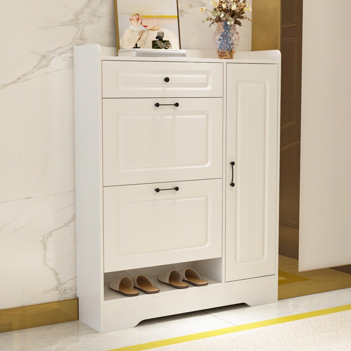 3Drawer 1Door Entryway Shoe Cabinet Shoe Storage For Boot Space Saving - - 37952997 - Mycitystee