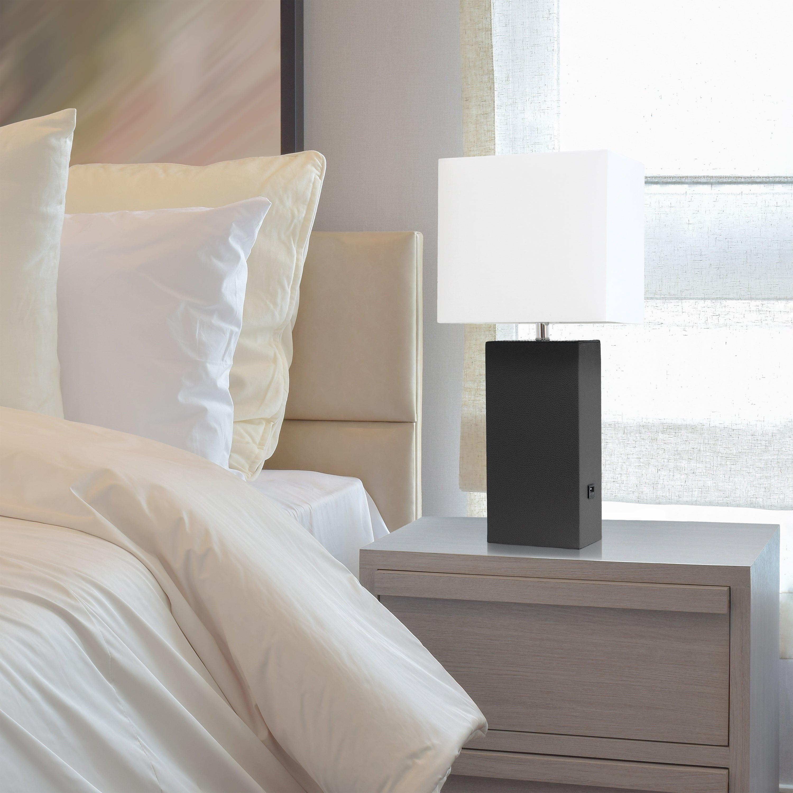 Elegant Designs Modern Leather Table Lamp with USB and White Fabric Shade - Mycitystee