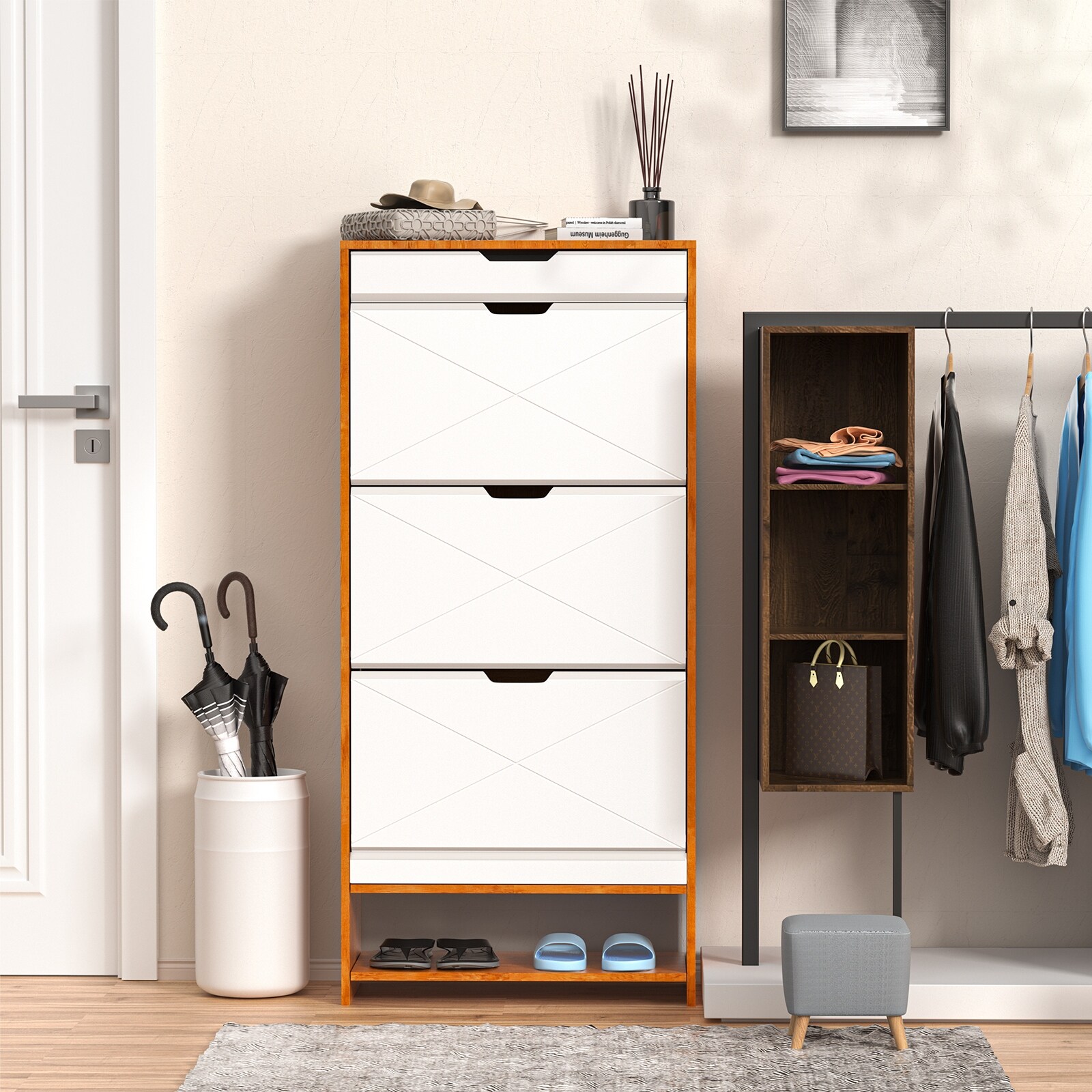 Shoe Cabinet with 3 Flip Drawers Wooden Shoe Cabinet Organizer with Adjustable Shelves Freestanding Shoe Rack Storage Cabinet - - 37370103 - Mycitystee