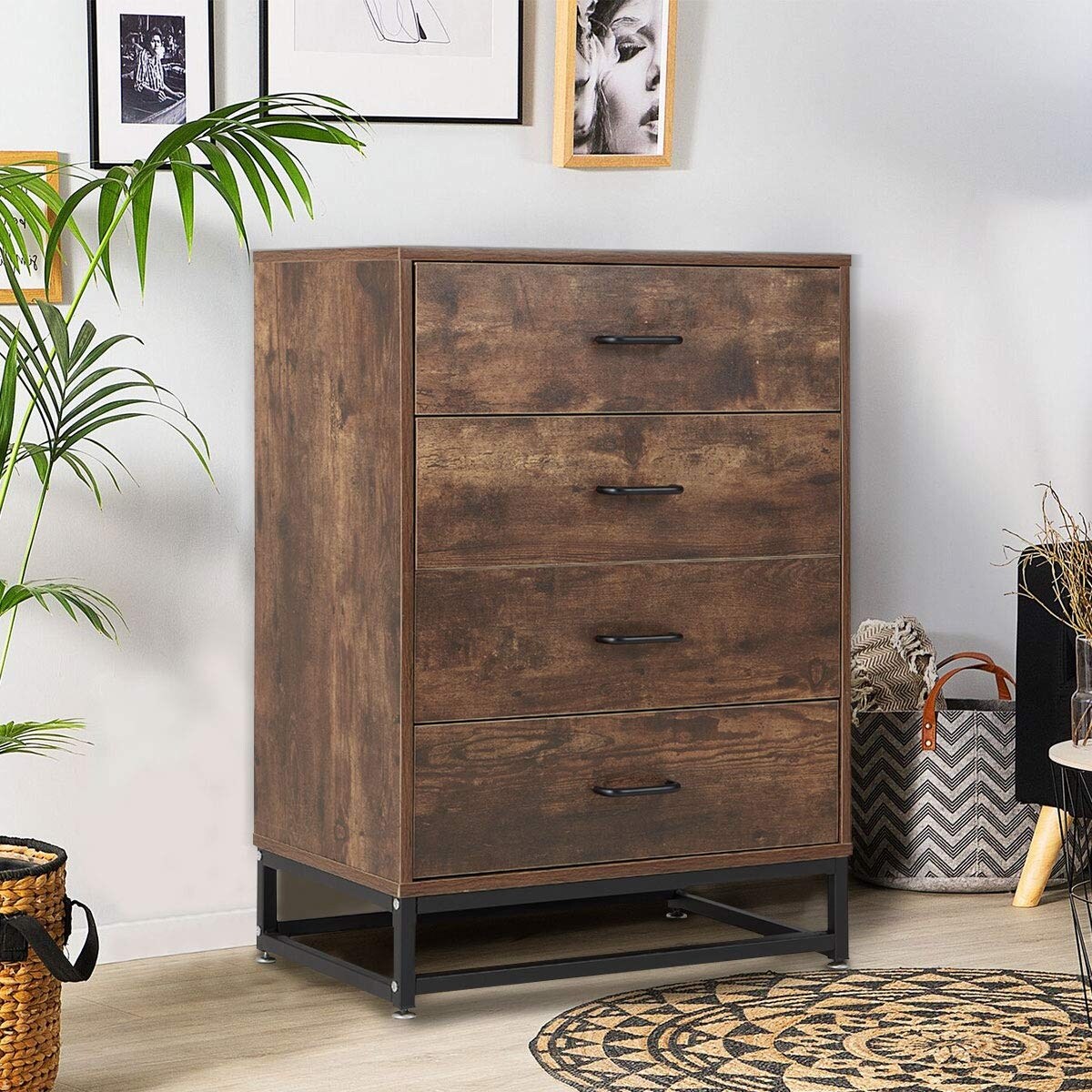 Storage Cabinet， Wooden Chest of Drawers， Industrial Tall Dresser with Sturdy Metal Frame， Organizer Unit with 4 Drawers - - 37668489 - Mycitystee