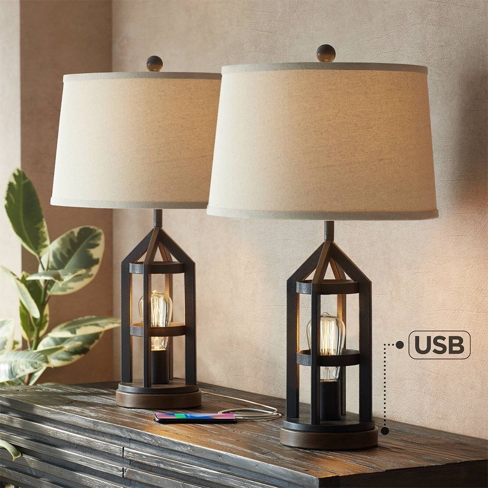 Set of 2 Western Table Lamps with USB Port Nightlight LED Bronze - 15