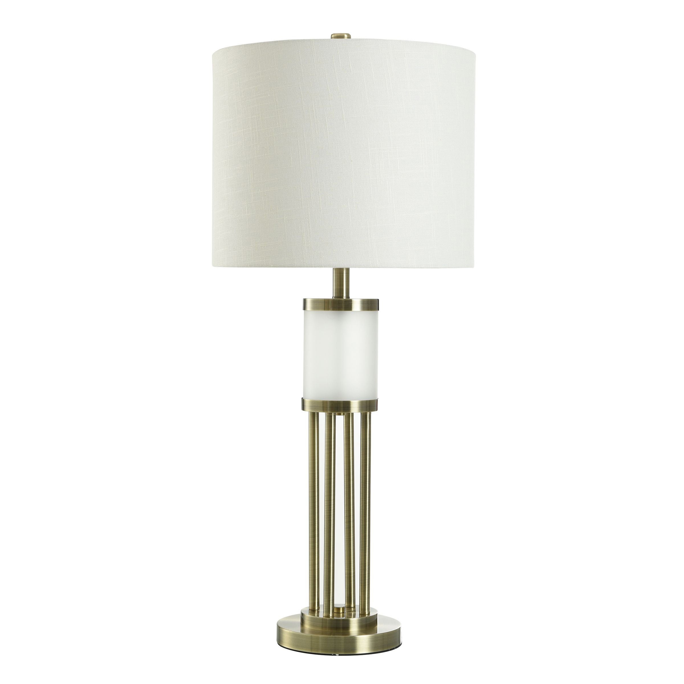 Antique Brass Table Lamp - Open Metal Work Base， Frosted Glass LED Night Light - White Linen Shade - Mycitystee