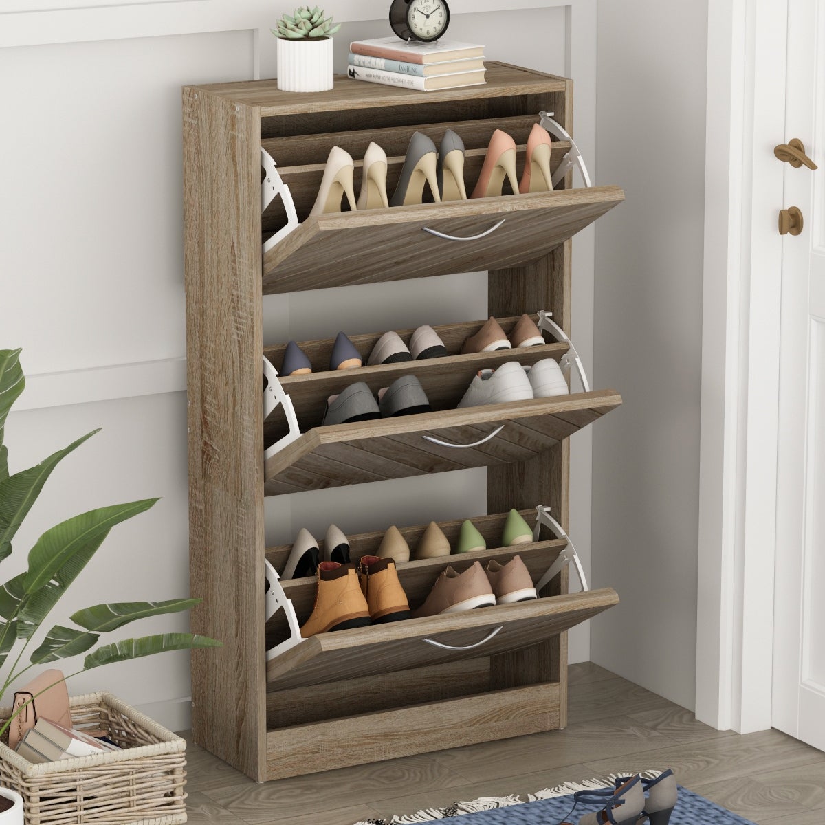 Kerrogee 18-Pair Shoe Storage Cabinet with 3 Flip Drawers Wood/ Grey - - 35491744 - Mycitystee