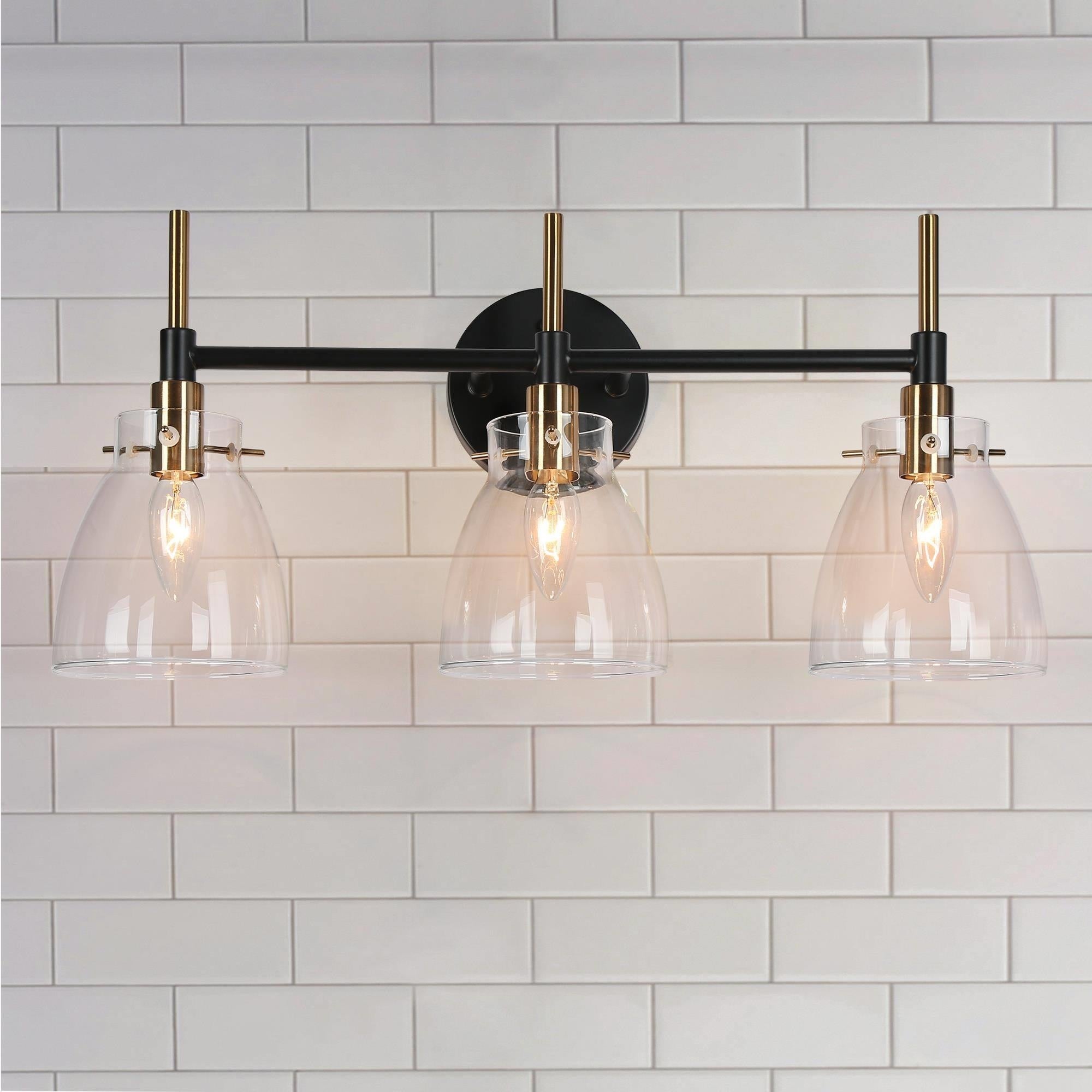 Modern Black Gold 3-Light Bathroom Vanity Lights Clear Glass Wall Sconces - L 21.5
