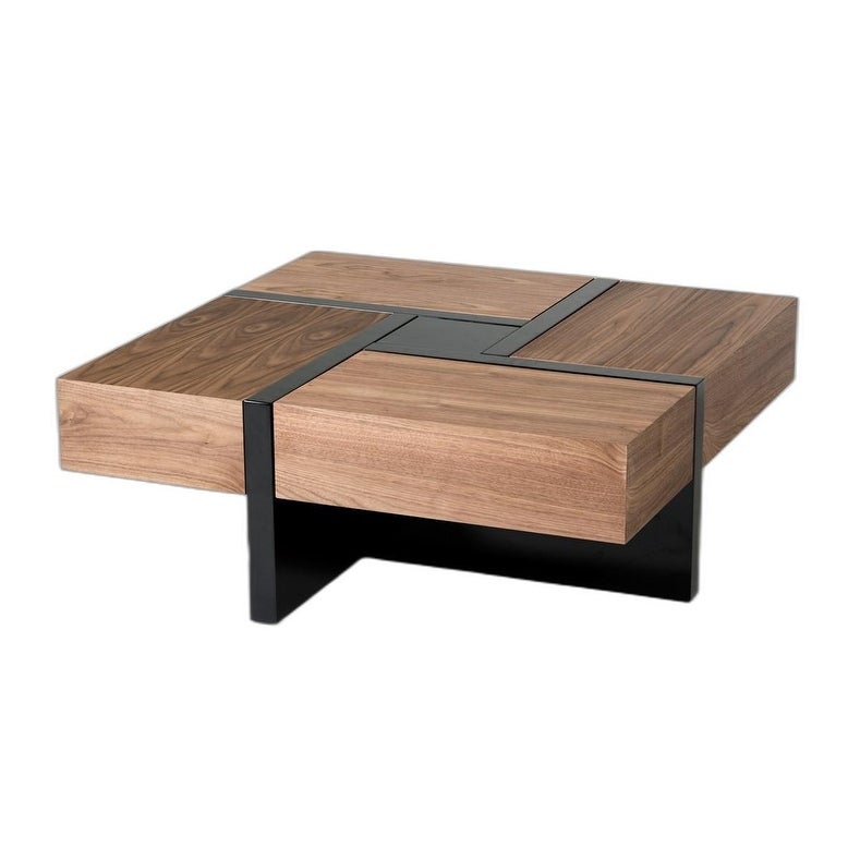 Modern Walnut and Black Square Coffee Table with Storage - 39' x 39' x 16' - Mycitystee