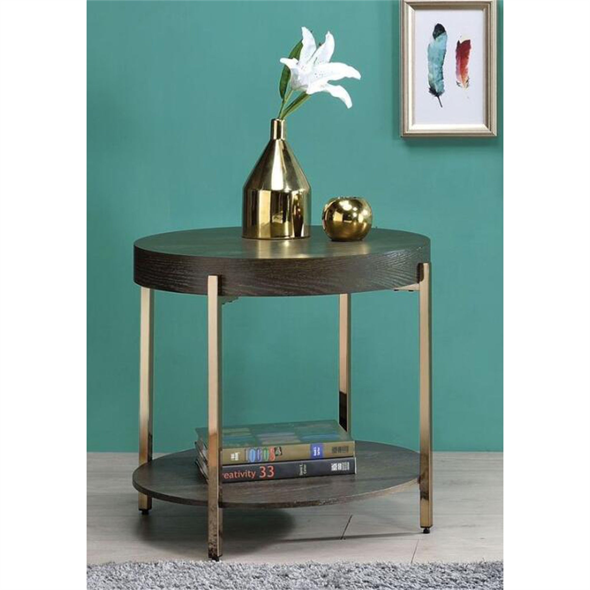End Table， 2-Tier Coffee Table Sofa Table Dark Oak and Champagne Finish - Mycitystee