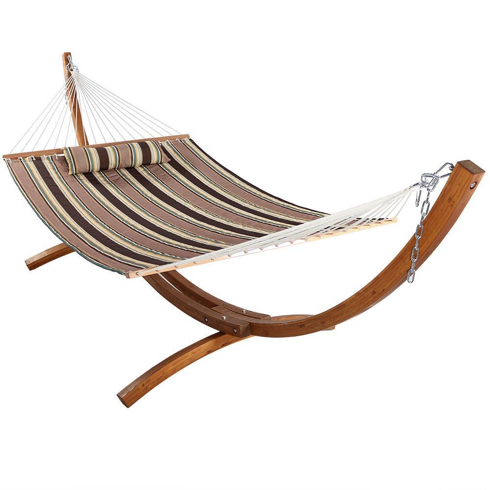 Ultimate Patio Quilted Double Hammock w/ 12-Foot Wood Stand and Pillow - Mycitystee