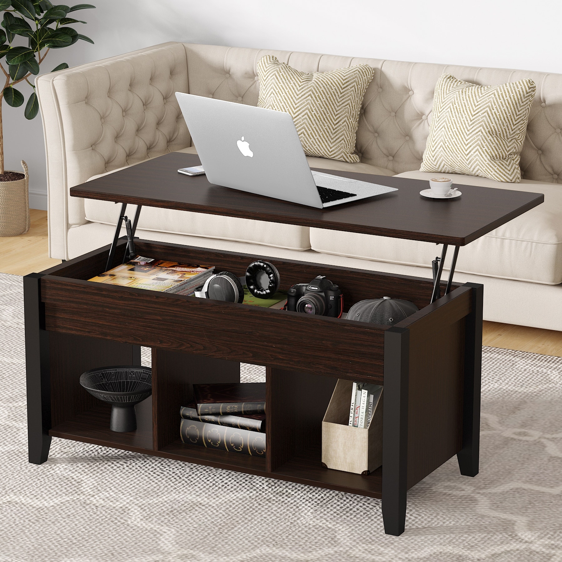 Lift Top Coffee Table with Hidden Storage Compartment and Shelf - Mycitystee