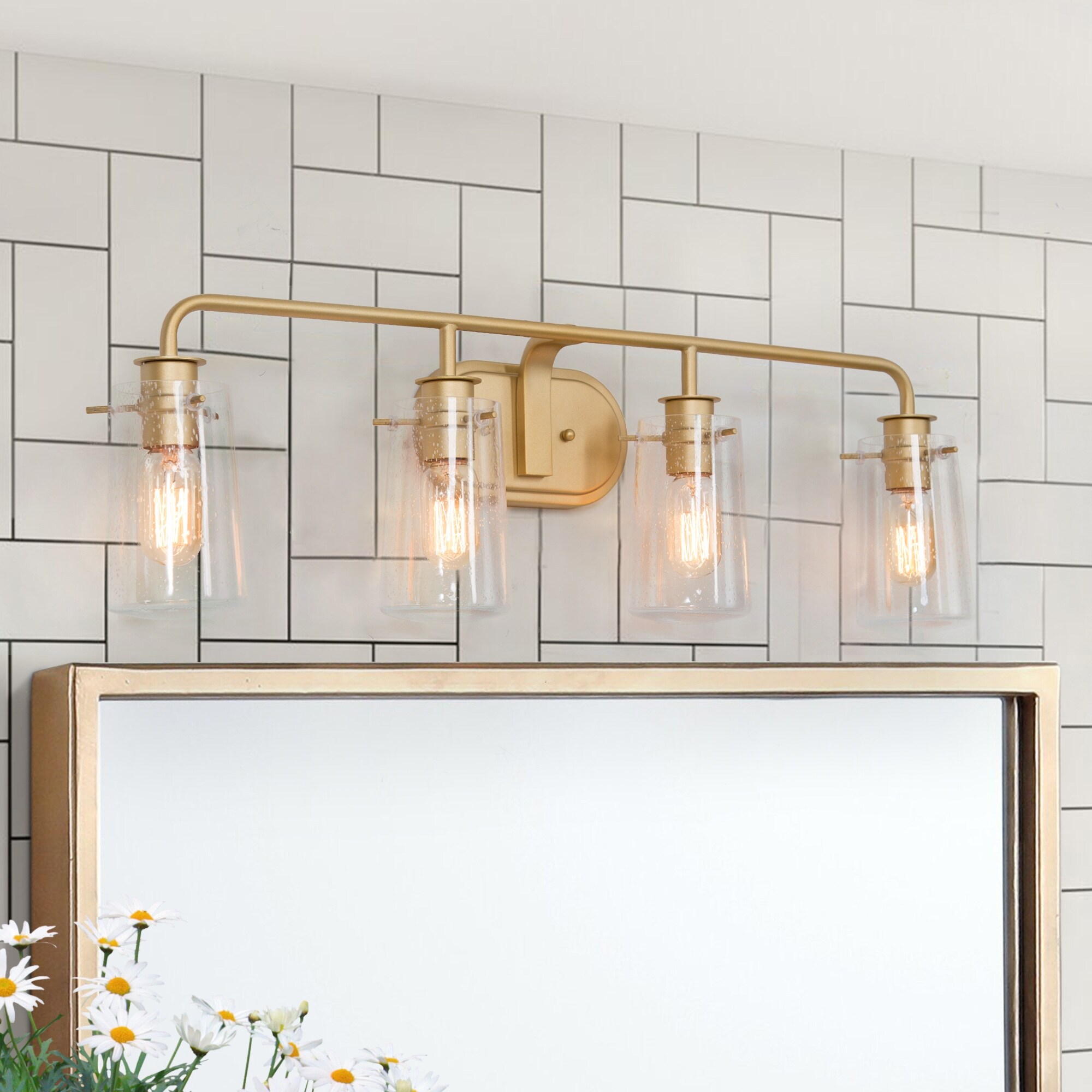 Mid-century Modern 4-Light Bathroom Vanity Lights Transitional Wall Sconces with Seeded Glass - Mycitystee