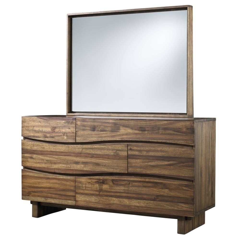 Wave Front Six Drawers Wooden Dresser with Hidden Drawer Pull， Natural Brown - - 30636521 - Mycitystee