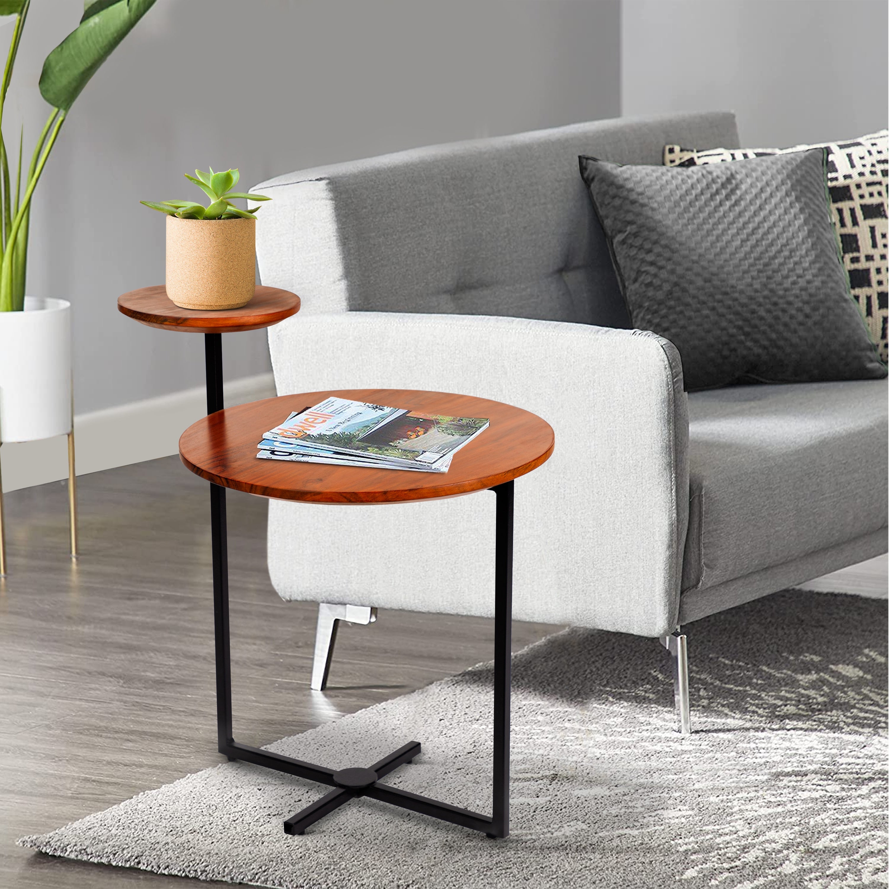 21 Inch Round Acacia Wood Accent End Table with 2 Tier Tabletops for Den， Bedroom， Living Room， Cross Shaped Base Metal Frame - Mycitystee