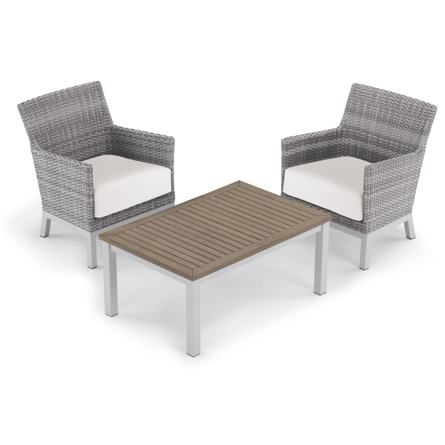 Argento 3 Piece Wicker Patio Conversation Set W/ Tekwood Vintage Coffee Table and Eggshell White Cushions By Oxford Garden - Mycitystee