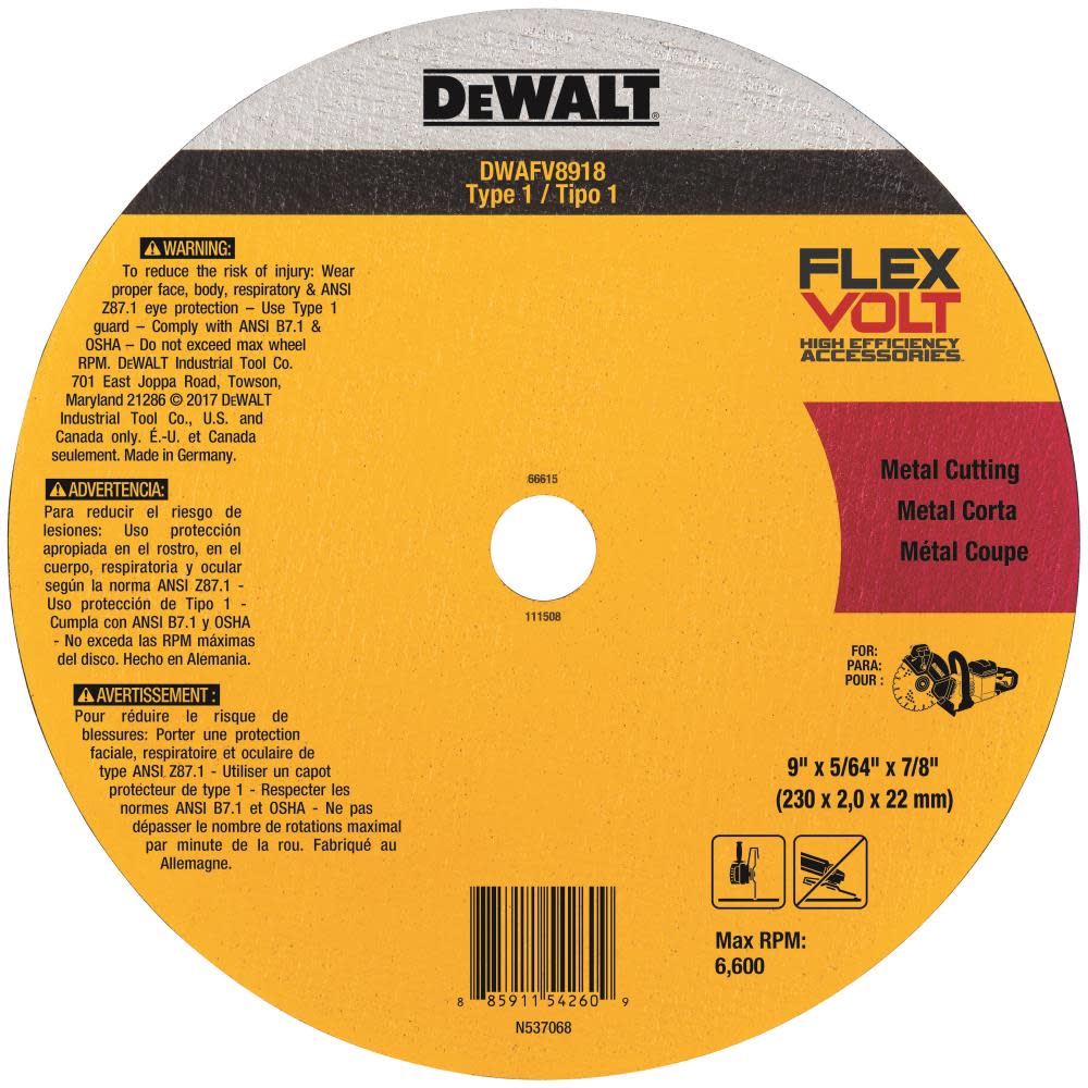 DEWALT 9 In. x 5/64 In. x 7/8 T1 FLEXVOLT Cutoff Wheel DWAFV8918 from DEWALT - Mycitystee