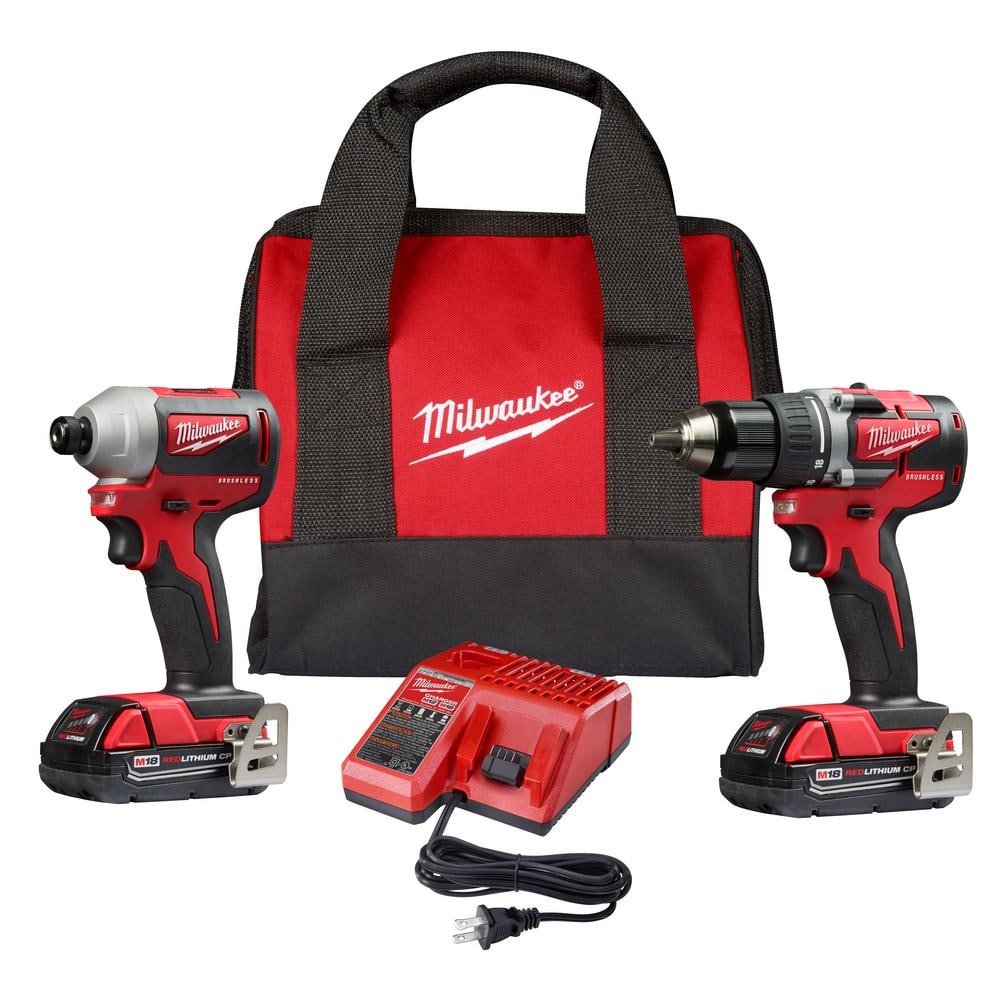 Milwaukee M18 18V Lithium-Ion Brushless Cordless Compact Drill/Impact Combo Kit (2-Tool) W/ (2) 2.0Ah Batteries, Charger & Bag 2892-22CT - Mycitystee