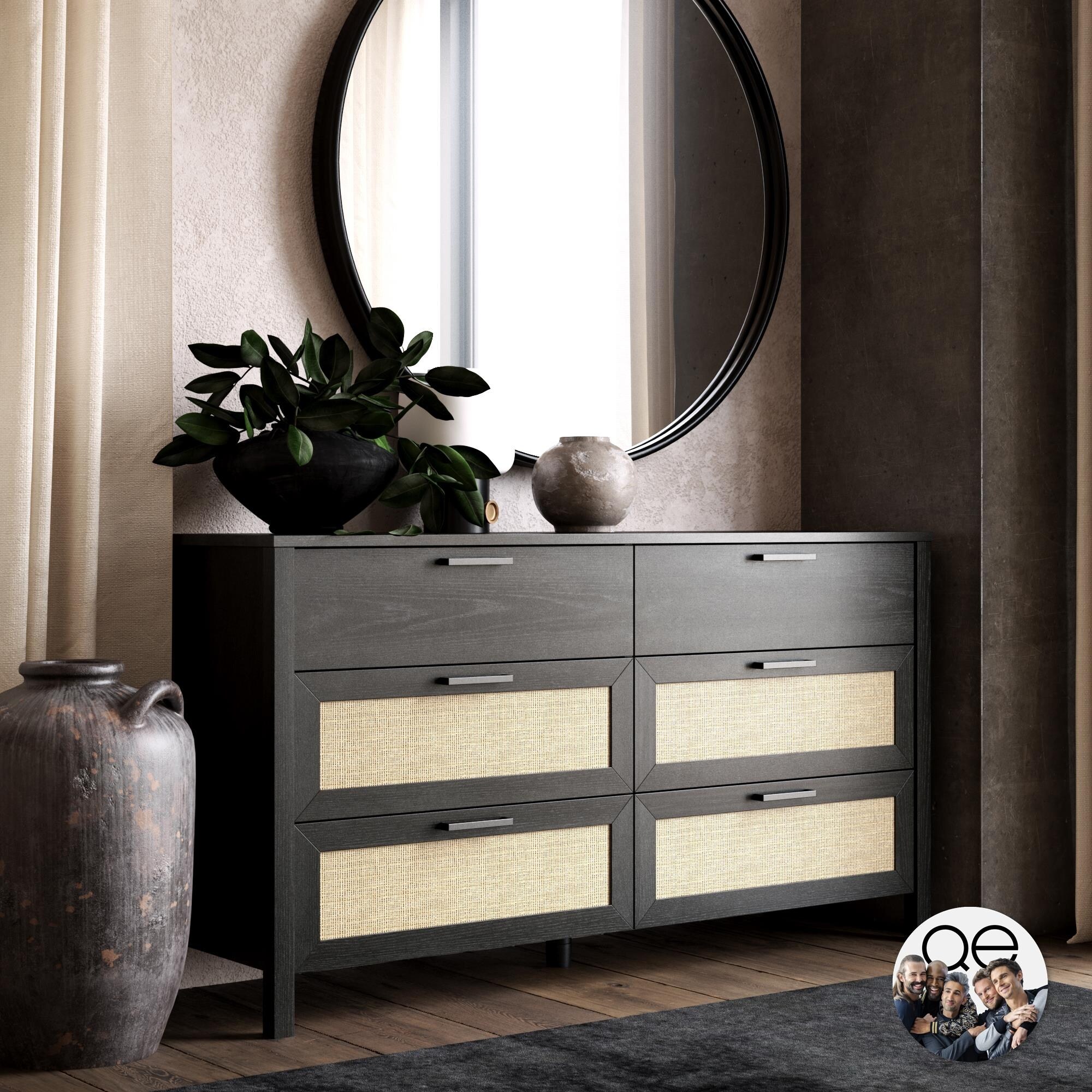 Global Pronex Wimberly 6 Drawer Dresser， Black Oak with Faux Rattan - - 35853174 - Mycitystee