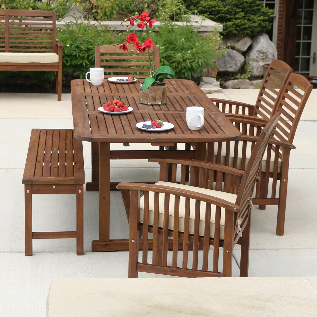 Ultimate Patio Horizon Way 6 Piece Dark Brown Acacia Patio Dining Set W/ 55 X 35 Inch Extension Table and Natural Cushions - Mycitystee