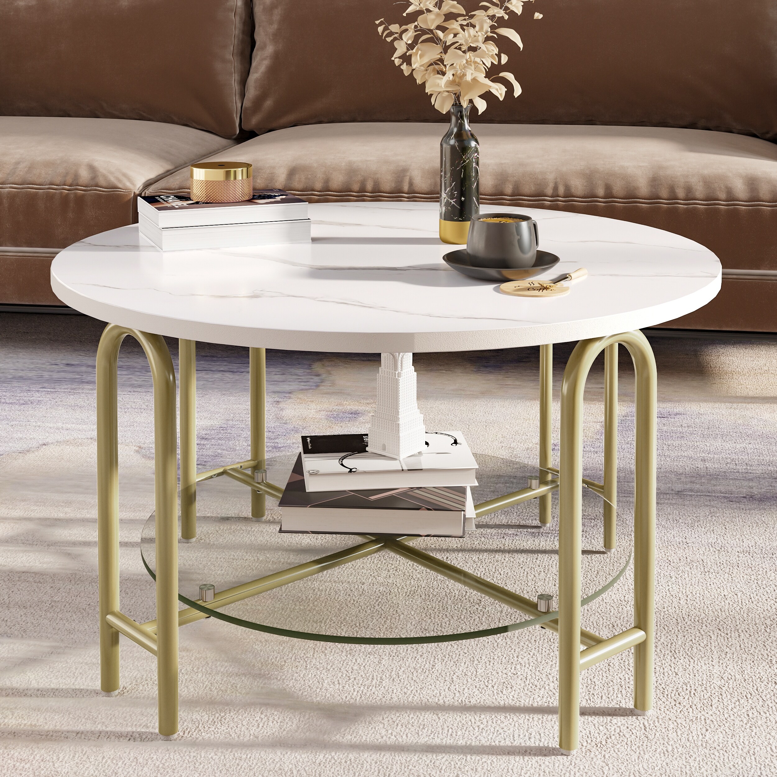 Round Coffee Table with Glass White Marble Top Gold Frame - Mycitystee