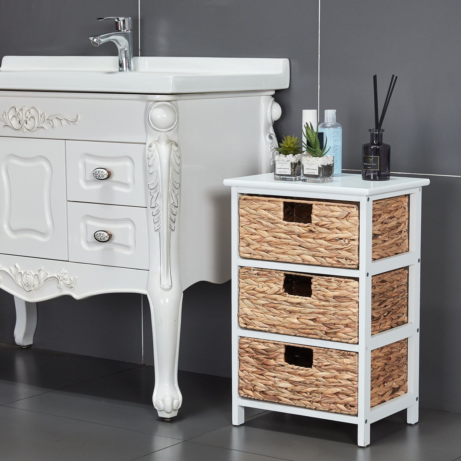 White Nightstand with 3 Drawers， Bedside Tables for Hallway， Accent End Table Bedroom， Dresser Storage Tower with Wood Top - - 37777022 - Mycitystee