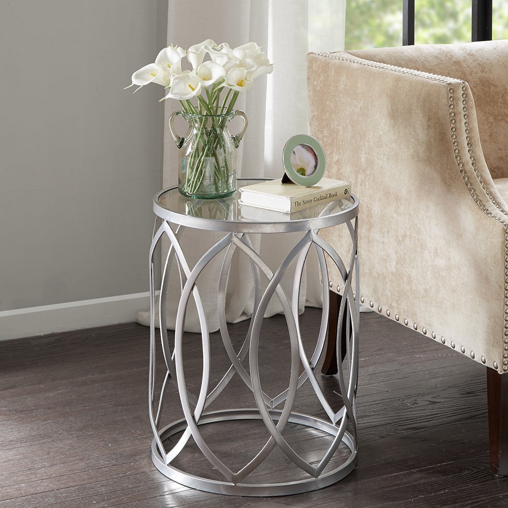 Arlo Metal Eyelet Accent Table with Tempered Glass Top - Mycitystee