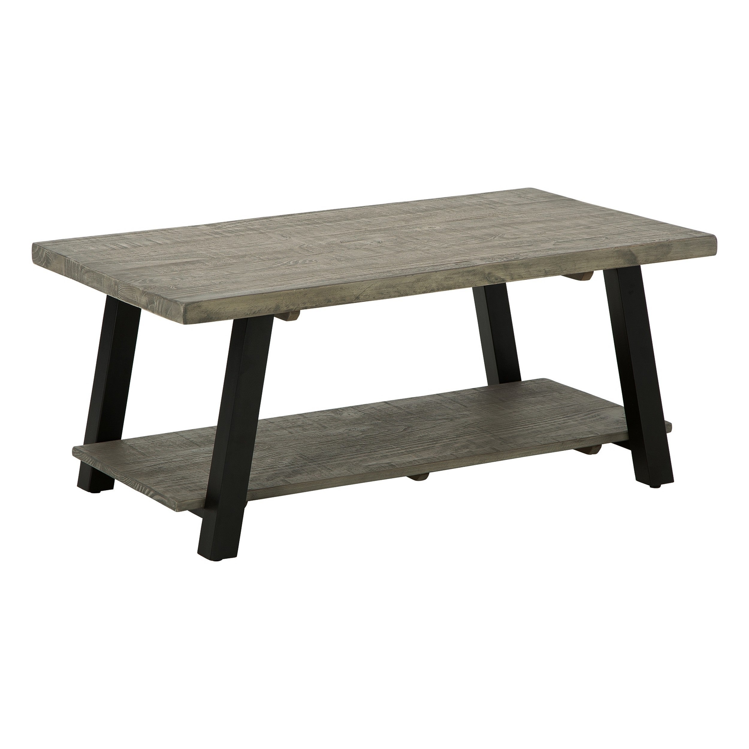 Modern 42 Inch Coffee Table， Solid Pine Wood Top， Metal Base， Muted Gray - Mycitystee