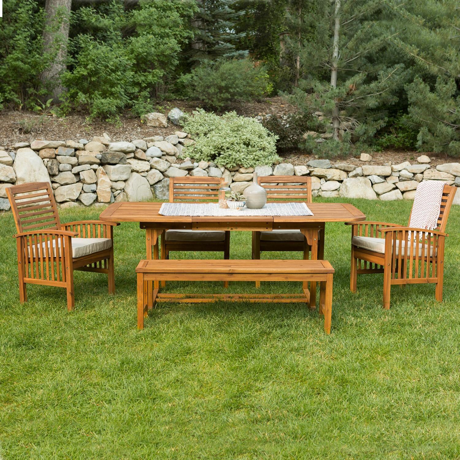 Ultimate Patio Horizon Way 6 Piece Brown Acacia Patio Dining Set W/ 55 X 35 Inch Extension Table and Natural Cushions - Mycitystee