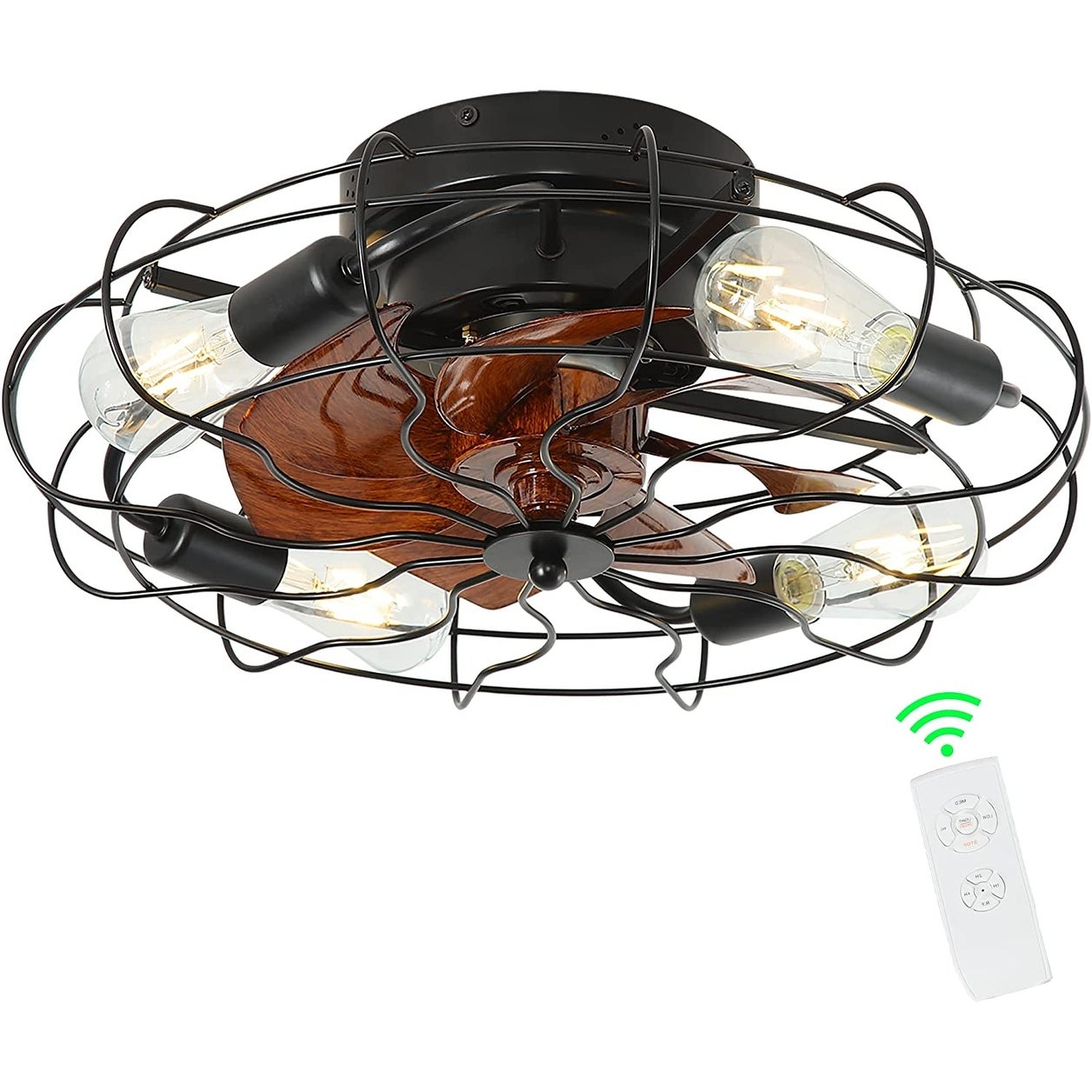 Black cage flush mount ceiling light with fan and remote control 5 light ceiling light fixture - Mycitystee