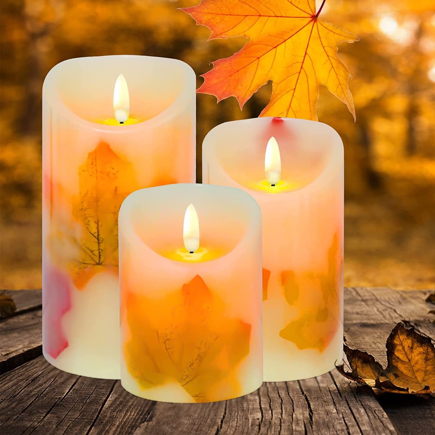 3 PCS Flameless Candles Light Warm White Battery Operated Electric LED Moving Wick Flickering Maple Leaf with Remote - Mycitystee