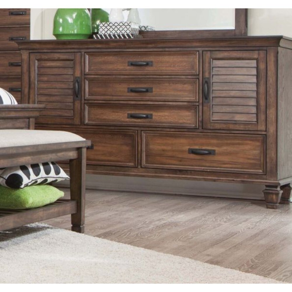 Wooden Dresser with 5 Drawers and Louvered Side Door Cabinets， Brown - - 25711069 - Mycitystee