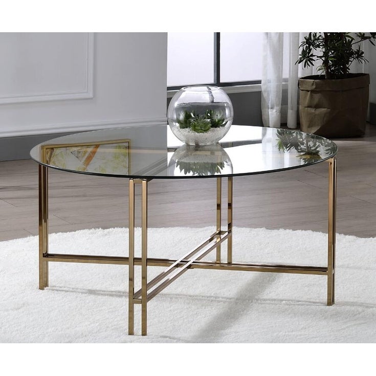 Veises Round Coffee Table， Clear Glass， Champagne Finish， Metal Stand - Mycitystee