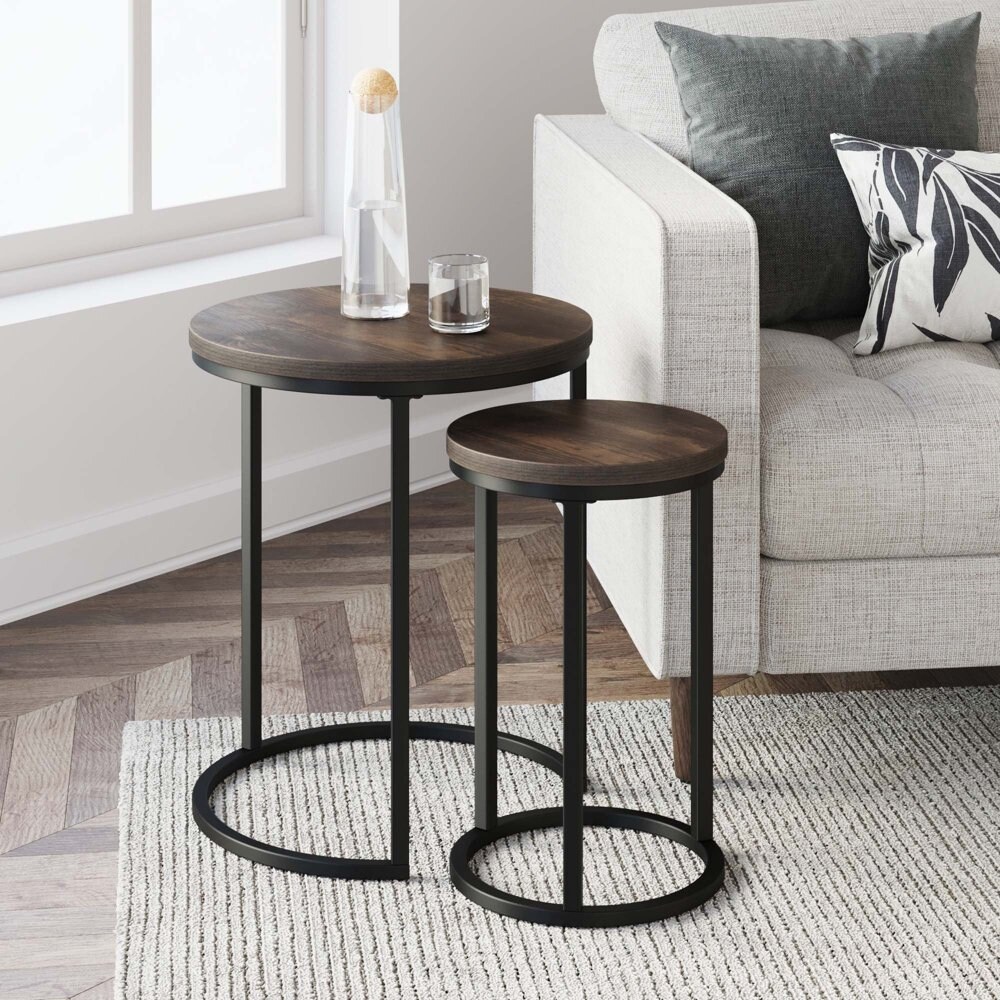 Lula Round Nutmeg Tabletop with Metal Base (Set of 2)， Brown/Black - Mycitystee