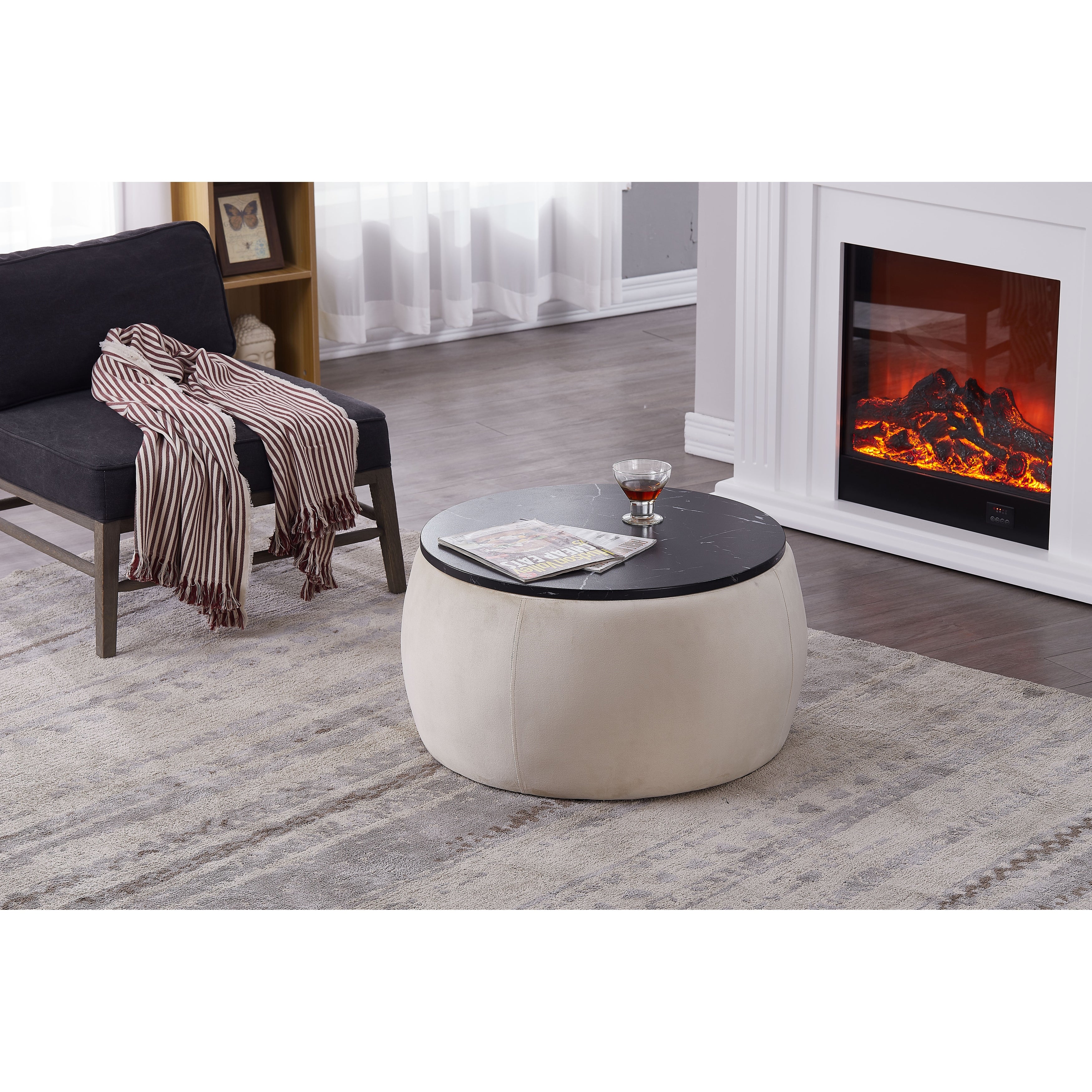 Round Storage Ottoman with Wooden Lid，Circle Ottoman Handmade Ottoman Coffee Table，End Table and Footstool - Mycitystee