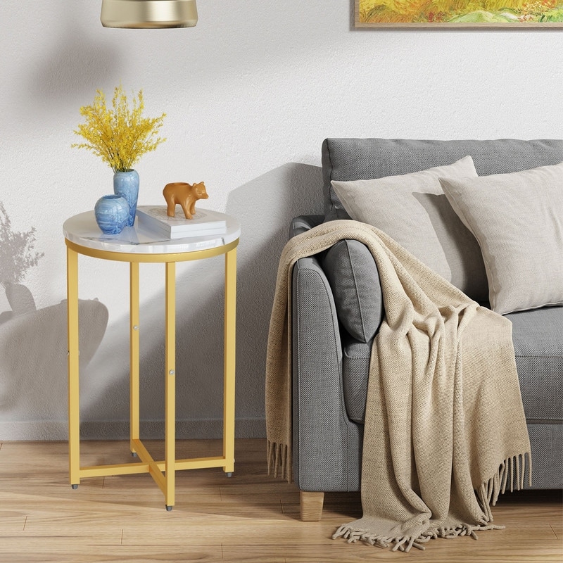 Round End Side Table with Faux Marble Top and Metal Frame(Set of 2) - Mycitystee