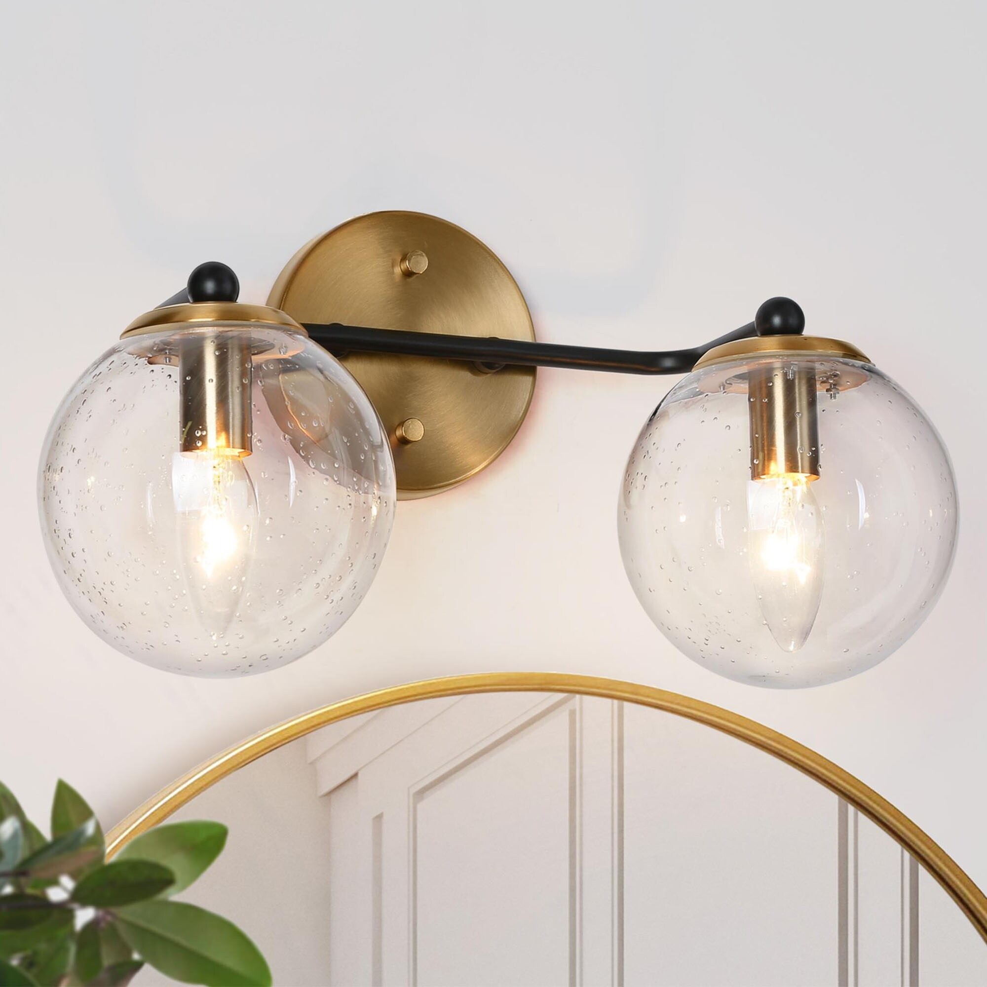 Modern 2-Light Black Gold Bathroom Vanity Lights Globe Glass Wall Sconces - 14.5