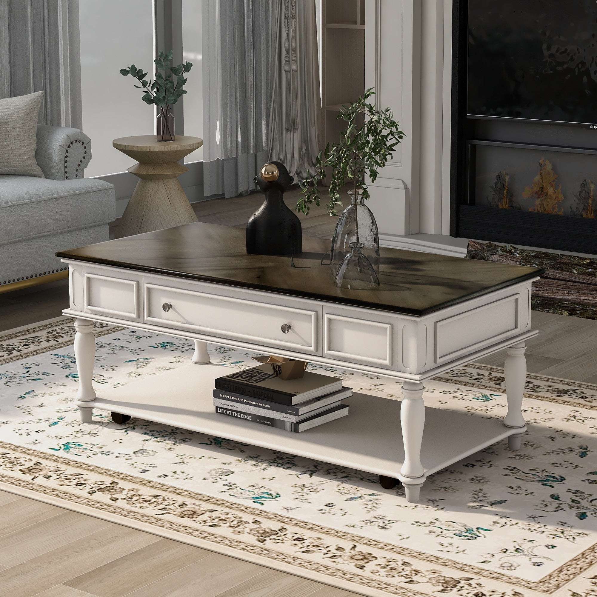 Two-tone Retro Cocktail Table with Caster Wheels - Mycitystee
