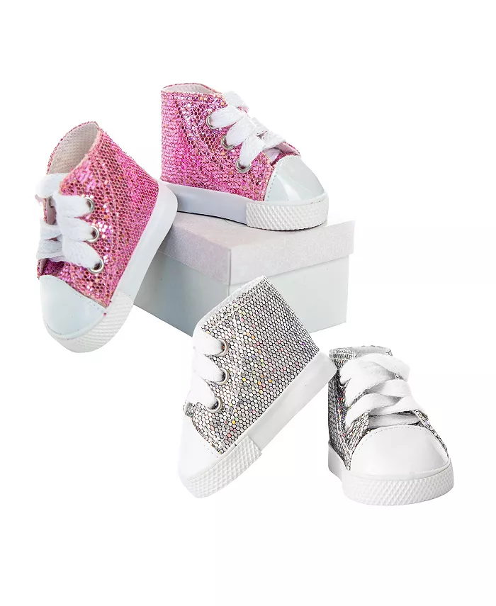 The Queen's Treasures 18 Inch Doll Shoes and Accessories， 2 Pair of Glitter High Top Sneakers and Shoe Boxes in Pink and Silver. Intended For Use With - Mycitystee